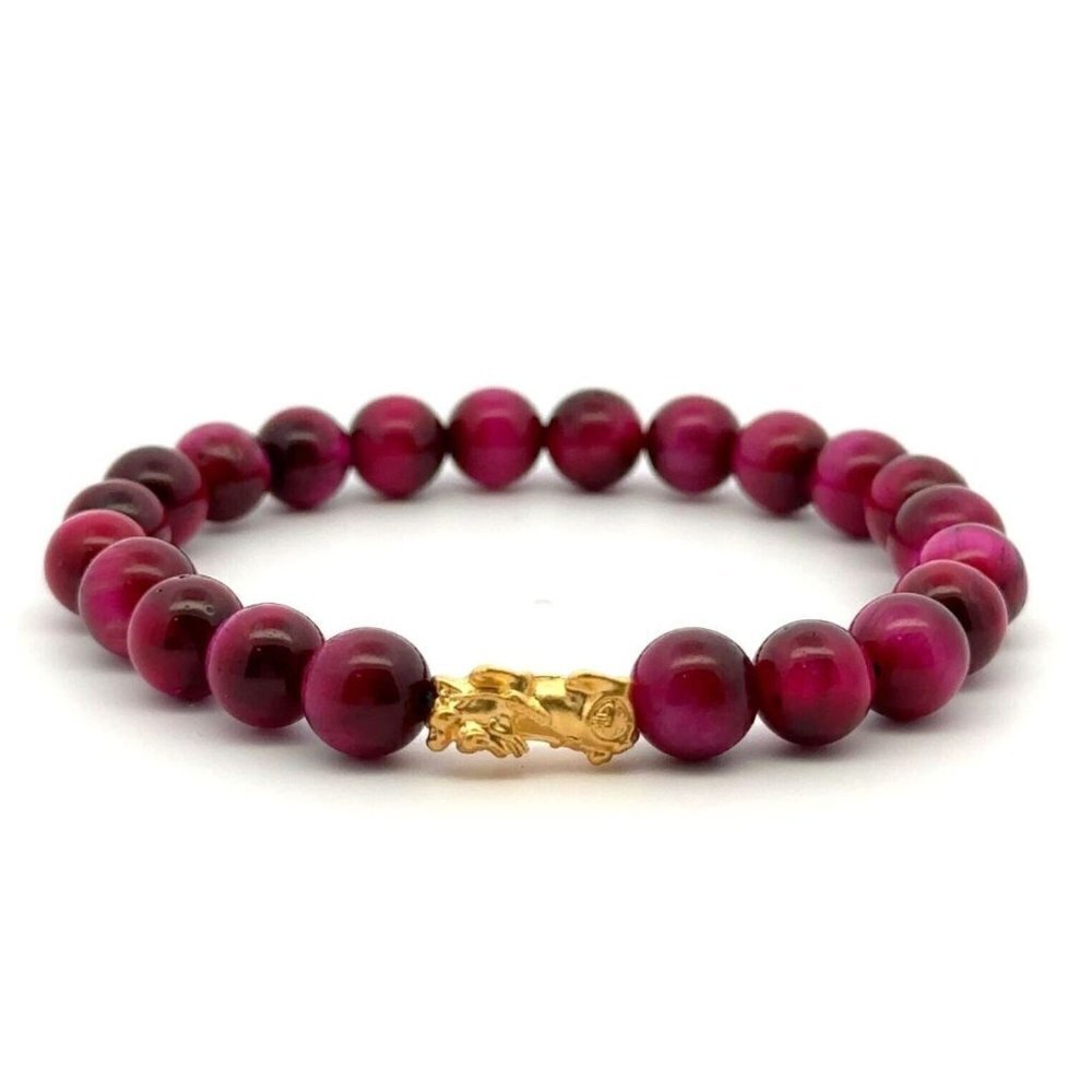 Dyed Tiger's Eye Magenta Stretchable Bracelet Size 7.5 w/ 24K Gold Dragon